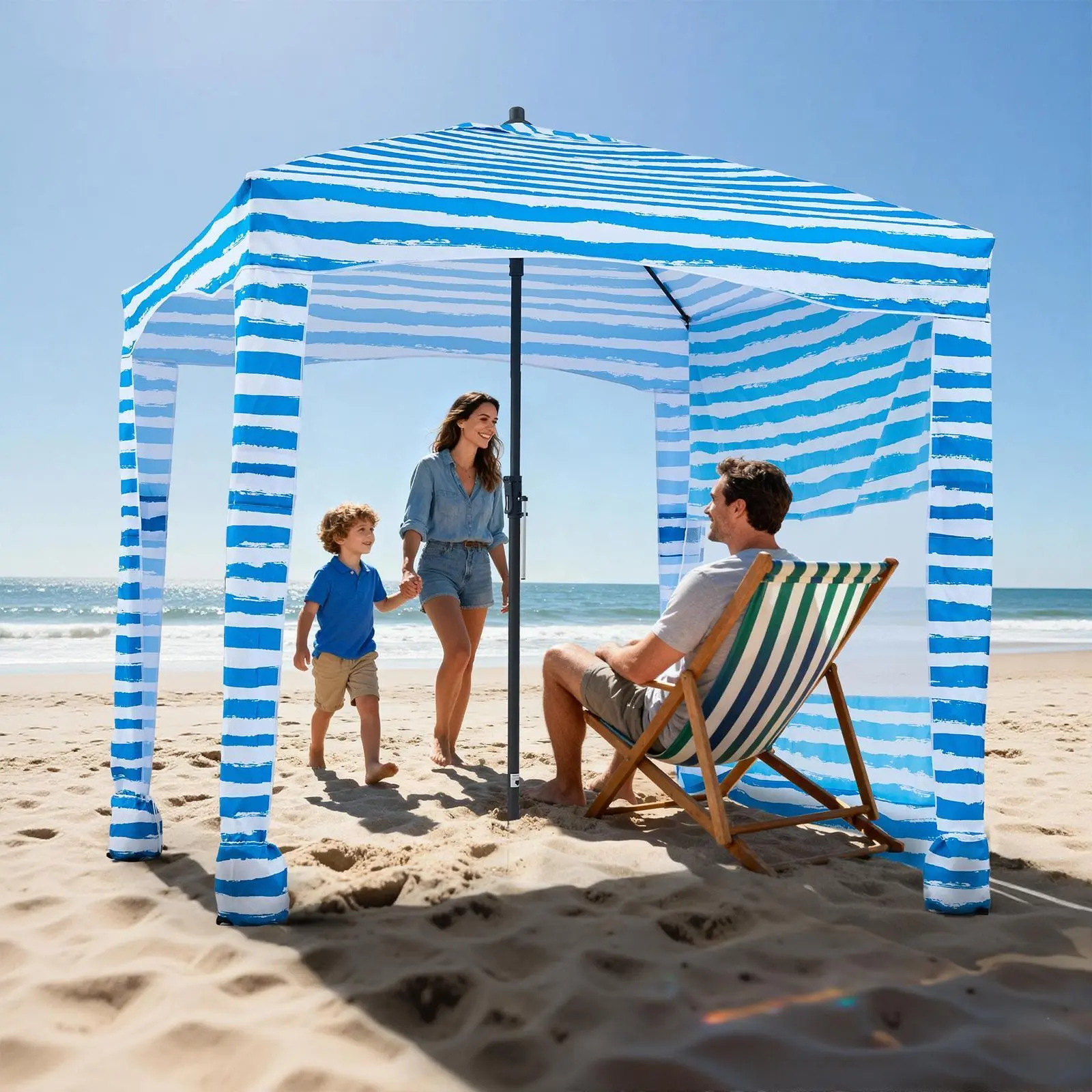 VEVOR 6x6 ft Beach Cabana Sunshade Canopy Tent, UPF 50+ Protection with Side Wall, Sand Pockets, Easy Setup, Portable Shade for Family, Blue Stripes