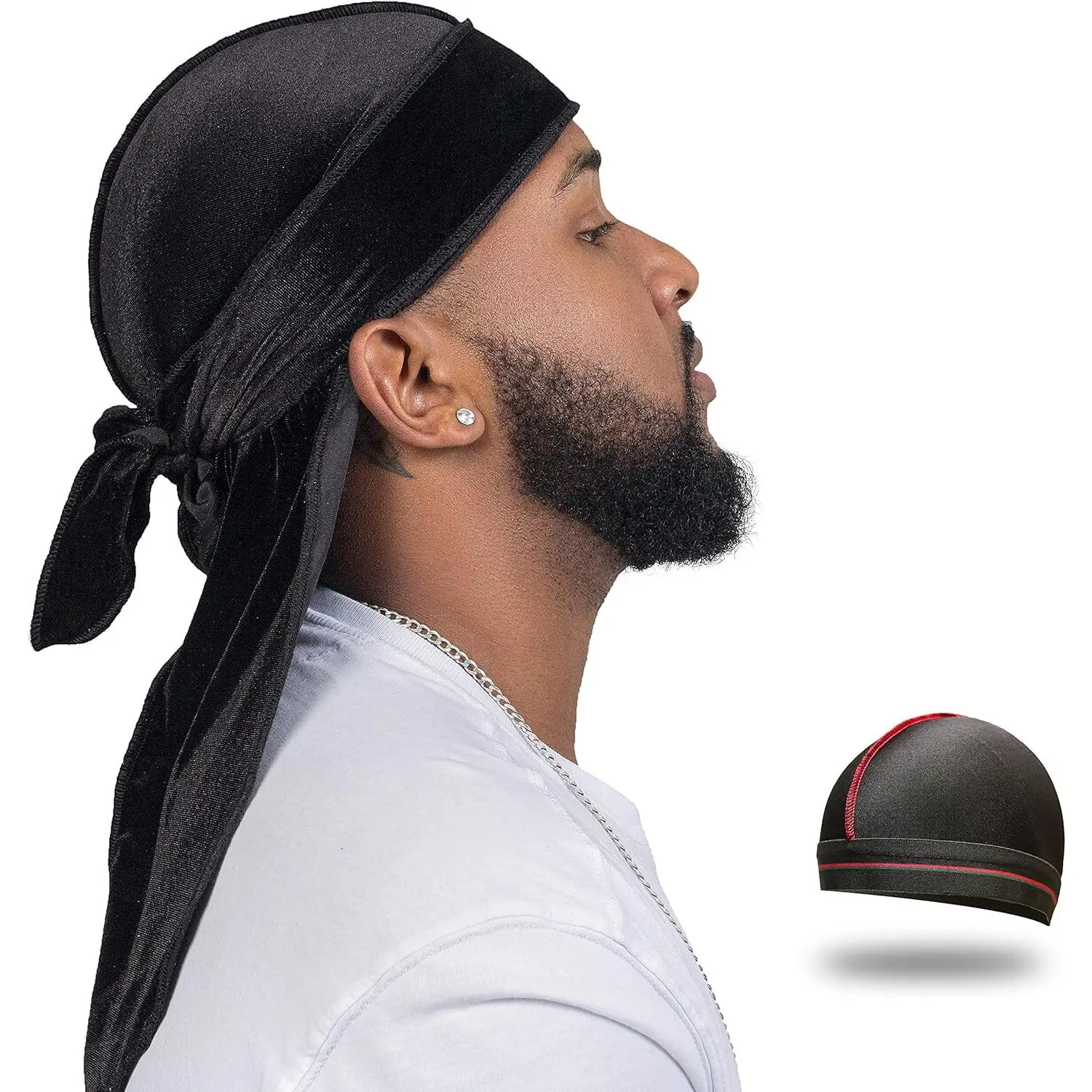 Unisex Velvet Durag and Wave Cap Set, Designer Style Headwear for 360 Waves with Extra Long Tails and Wide Straps, Birthday or Valentine's Day Gift, Unisex Appeal, 43 Inch, Velvet Fabric, Christmas, Gifts For Boyfriend, Gym Stuff, 1 Wave Cap