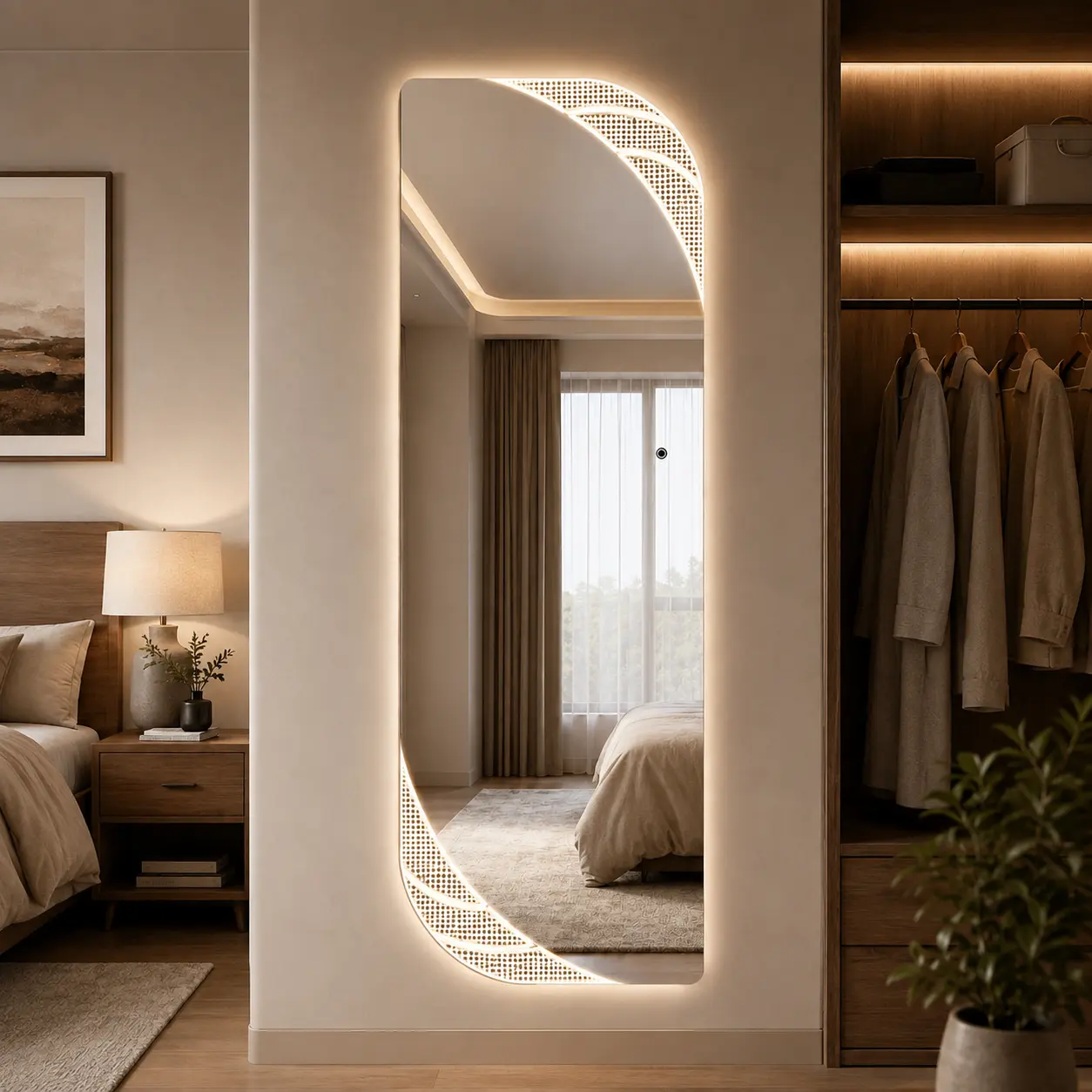 65"x25" Irregular Tempered Glass LED Full-Length Indoor Wall Mirror, Soft Glow 3-Color Lighting, Touch Dimmer Stepless Control for Bedroom, Closet