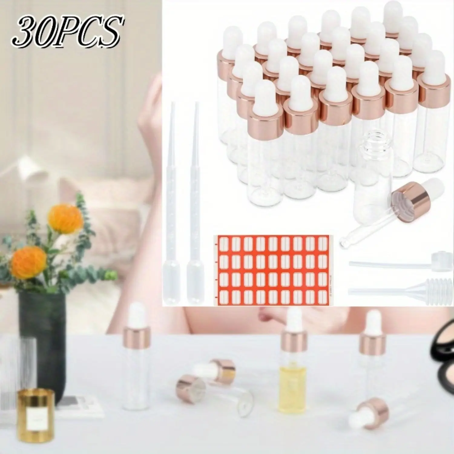 25 Pcs Pipette Bottles 5 ml, Transparent Glass Dropper Bottle, Mini Glass Bottle, Liquid Bottles, with 2 ml Dropper & Pipette & Long Tube Dispenser & 36 Labels, for Essential Oil Perfume