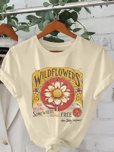 Women's Wildflowers Floral Print Round Neck Tee, Vintage Trendy Casual Short Sleeve T-shirt for Daily Wear, Ladies Summer, Top