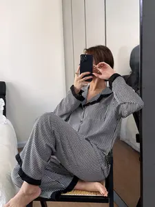 Valentine's Day Women's Sleepwear Set, Printed Striped Hem Long Sleeve Pajamas, Button Front Comfortable Loungewear