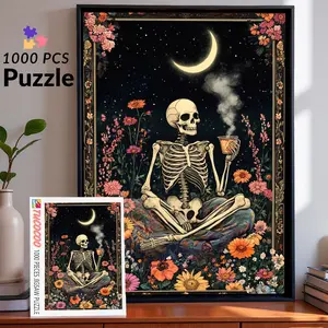 Tucocoo Moonlight Skeleton Tea 1000 Pieces Jigsaw Puzzle, Gothic Floral Art for Adults, Relaxing Brain Challenge Crafts and Home Decor Gift, Aesthetic Dark Puzzle, Size 27.5x20inch(70x50cm)