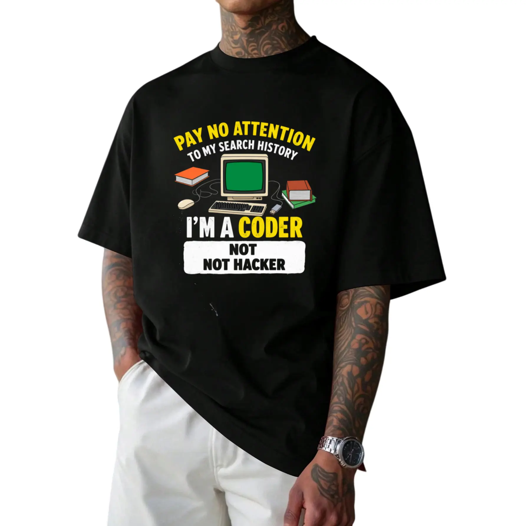 Casual Humorous Style Men'S Round Neck T-Shirt, Loose Fit, Fashionable And Versatile, Soft And Comfortable, Fabric Suitable for Daily Wear And Gifting, Don'T Worry about My Search History, I'M a Programmer Not a Hacker, Graphic Design