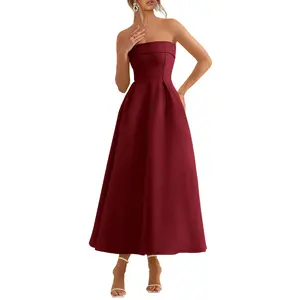 PrettyGarden Strapless Cocktail Midi Dresses for Women Summer Formal Elegant Tube Top Strapless Spring Wedding Guest Party Midi Dress
