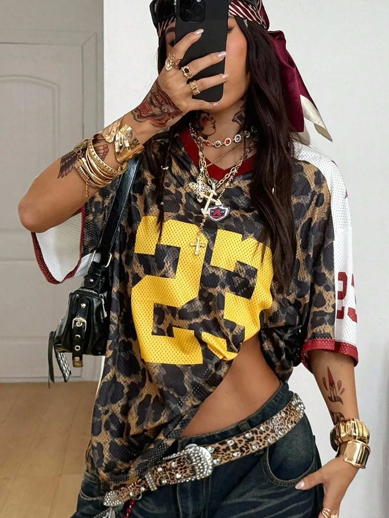 Women's Leopard Print No.23 V-Neck Short Sleeve Jersey, Vintage Hip Hop Short Sleeve Top, Breathable Casual Summer Streetwear Daily Fit T-Shirt