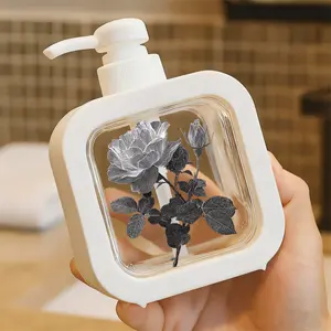 Creative Bathroom Dispenser with Hand Pump - Black & White Line Drawing Rose Design, Intricate Petals Leaves Buds, Monochromatic Gray White Artwork, For Soap Lotion Dispensing