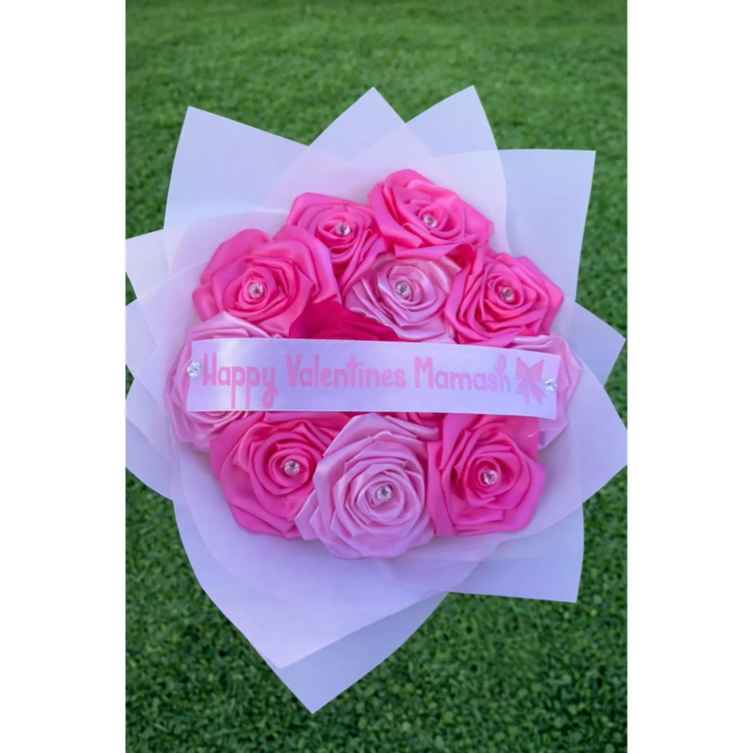 14 Count Mixed Pink Birthday Bouquet with Satin Ribbon Flowers for Special Occasions