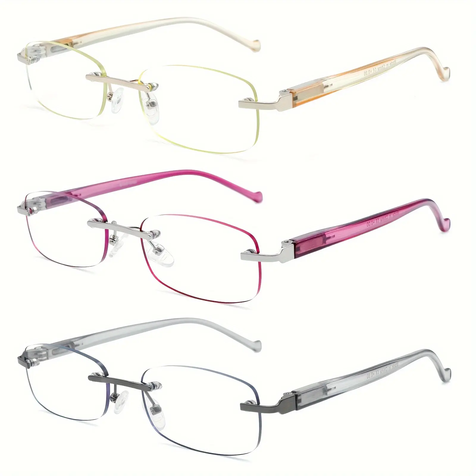 3 Pairs Minimalist Rimless Reading Glasses, Lightweight Metal Frame with Blue Light Blocking for Unisex Adults, Retro Style for Office & Casual Use, Rimless Frame