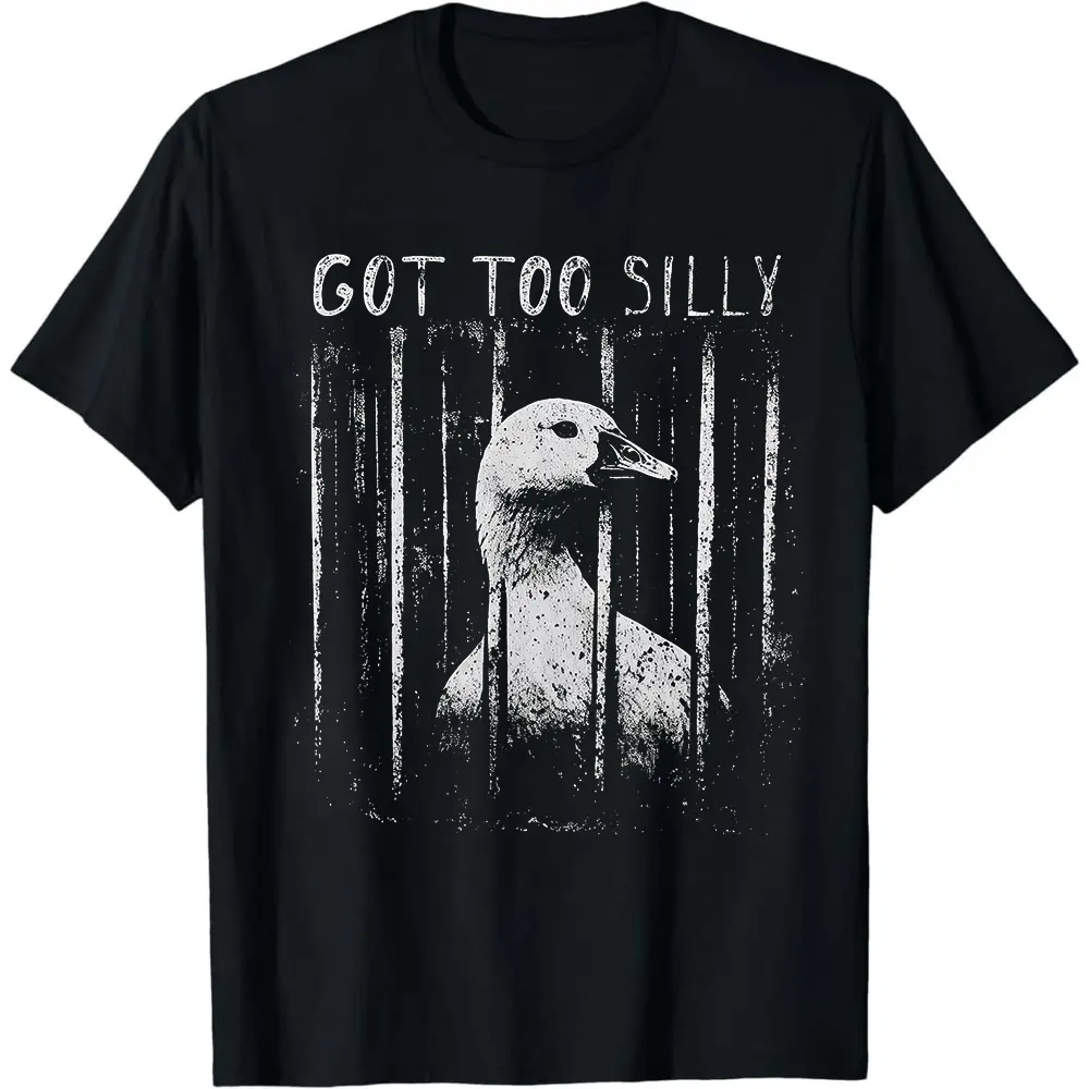 Relaxed Crew Neck Short Sleeve T Shirt Featuring Distressed Grunge Duck Behind Prison Bars Graphic With Got Too Silly Text Print Unisex Cotton Casual Streetwear Meme Animal Basic Daily Top