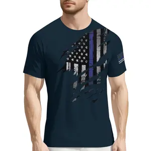 Unisex Distressed Ripped US Flag Thin Blue Line T-Shirt, Patriotic Police Support Casual Tee for 4th of July, Daily Wear for Men & Women