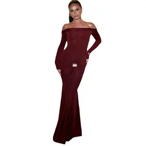 Autumn Winter Layering Women's Elegant Dress Wine Red or Burgundy Long Sleeve High Neck, Backless with Metal Buckle Decor, Stretch Knit, Ruched Glitter Pleated A-Line, Perfect for Cocktail Party, Romantic Date, Formal Chiffon Lace mother law white dress