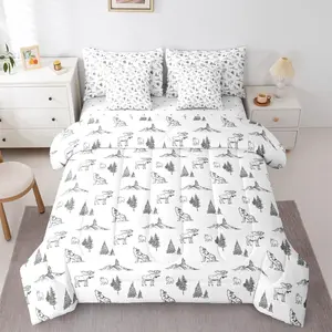 Woodland Animals 7 Piece Comforter Bed Set,Bear Deer Wolf Hunting Theme Bedding Set,Kids Child Rustic Cabin Lodge Decor Sheets,Farmhouse Wildlife Quilt