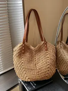 1pc Hollow woven straw tote bag, Casual tote bag, women's spacious coastal style bag, with brown leather embellished shoulder straps and lining, summer must-have, daily carry on bag, suitable for vacation and seaside travel