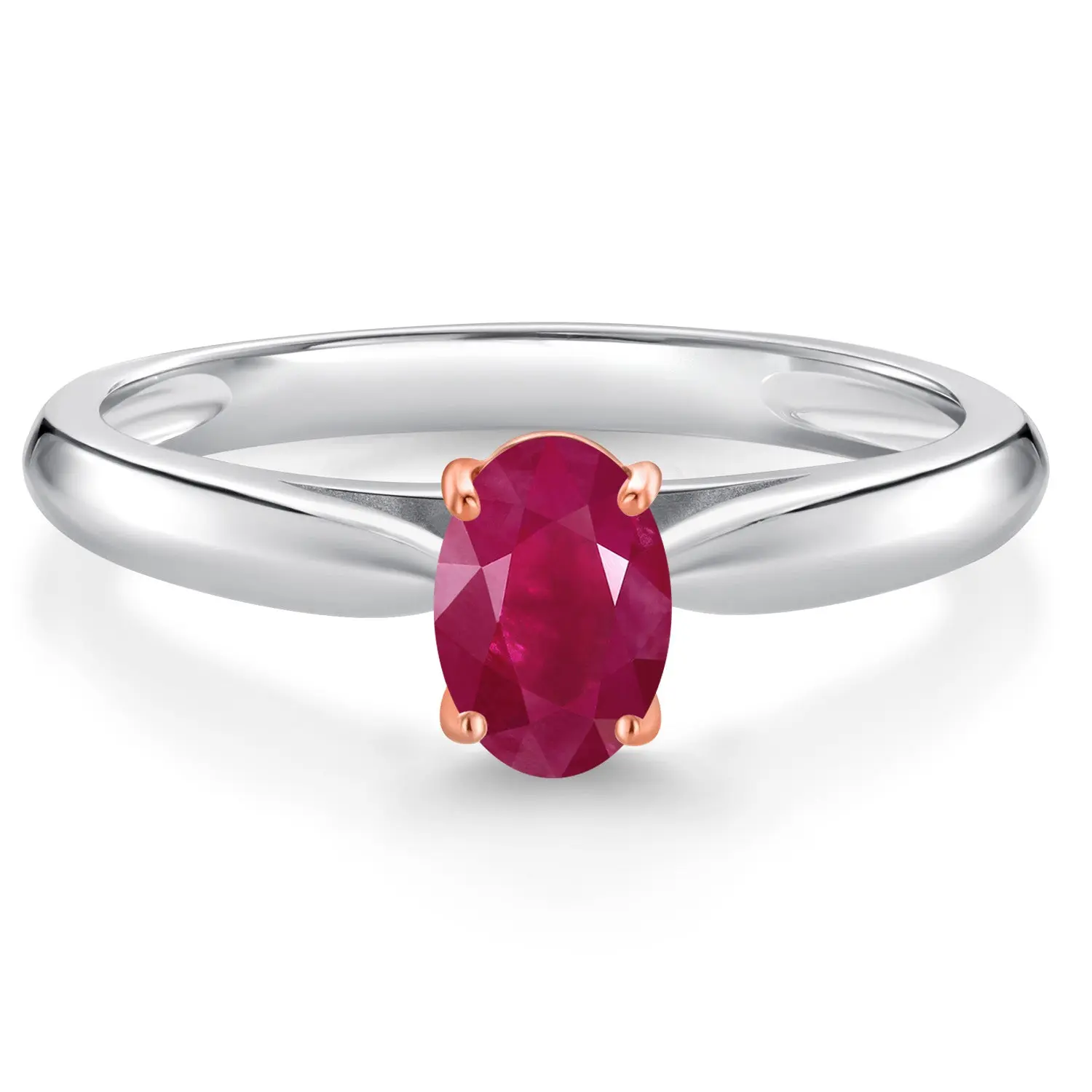 925 Sterling Silver and 10K Rose Gold Prongs Red Ruby Solitaire Engagement Ring For Women (0.60 Cttw, Oval 6X4MM, Gemstone July Birthstone)