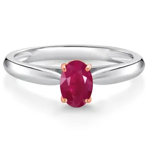 Gem Stone King 925 Sterling Silver and 10K Rose Gold Prongs Red Ruby Solitaire Engagement Ring For Women (0.60 Cttw, Oval 6X4MM, Gemstone July Birthstone)