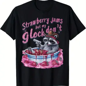 graphic tees [100% Cotton] Playful Raccoon Cowboy T-Shirt With Strawberry Jams And Toy Gun Fun. men's graphic tee