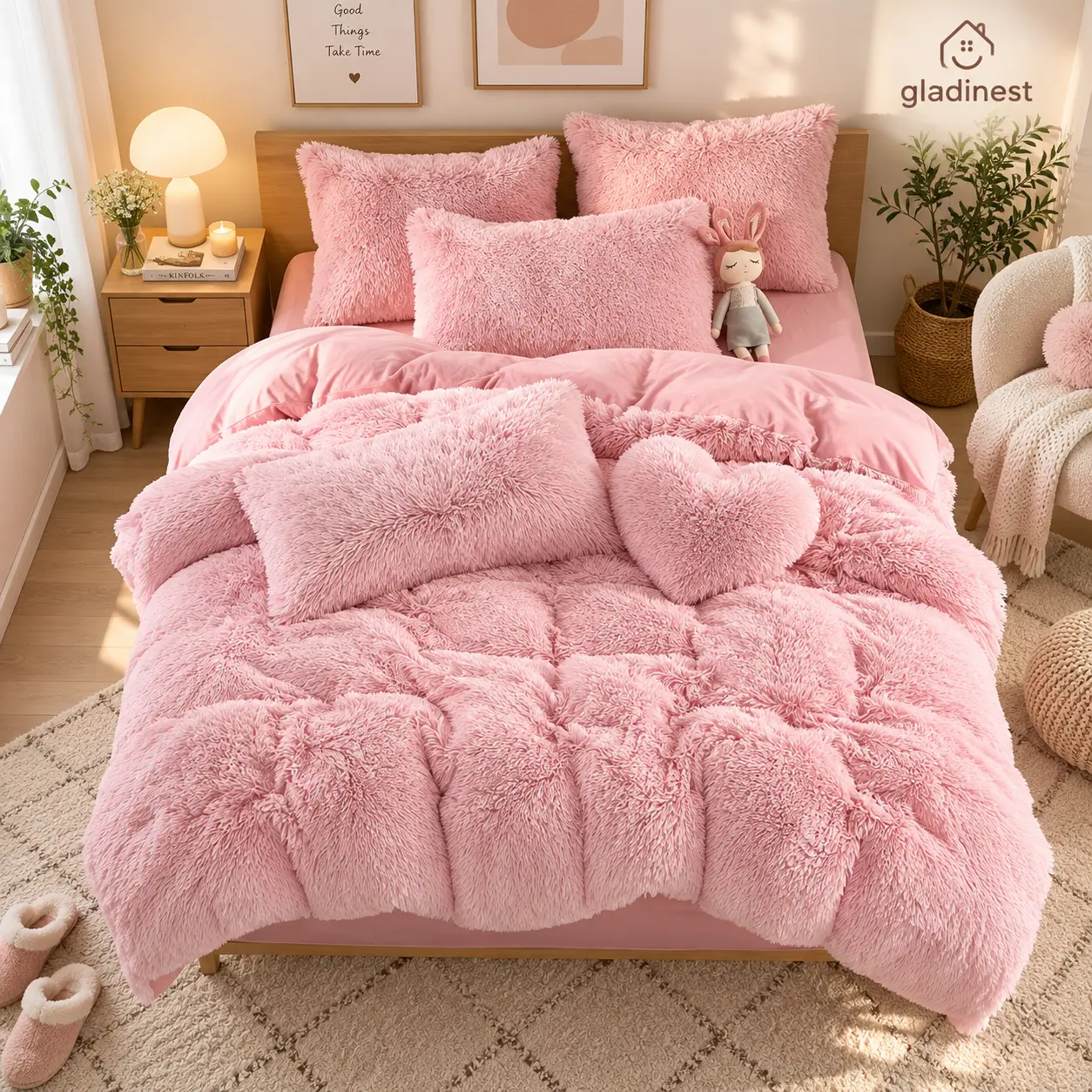 3/4-Piece Plush Faux Fur Duvet Cover Set – Super Soft Warm Bedding with Pillowcases & Heart-Shaped Pillow, Machine Washable, Twin/Queen/King Sizes, Duvet Cover Only