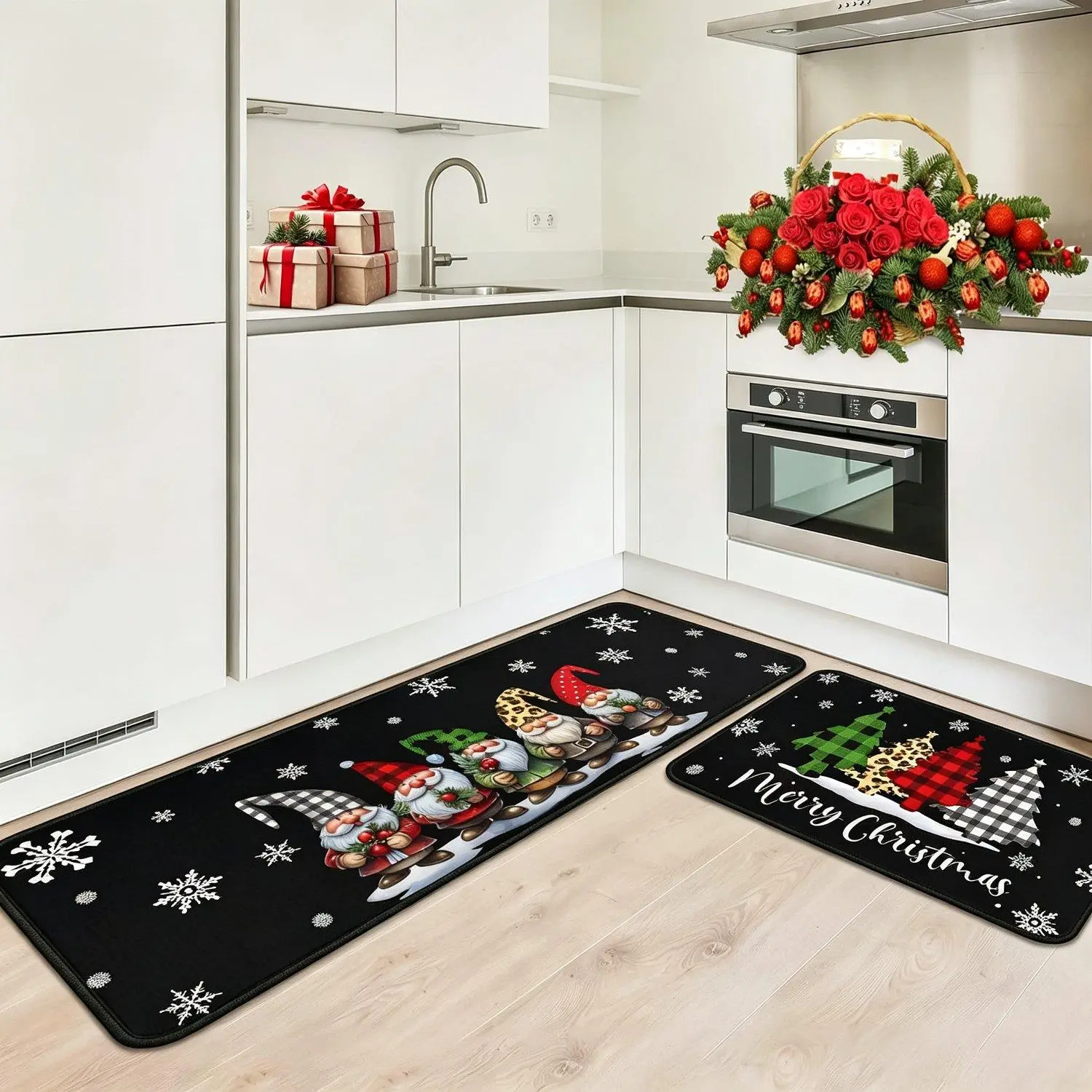 1PCS Buffalo Plaid Xmas Tree Low Profile Area Rugs Merry Christmas Holiday Floor Decorations for Home Kitchen Winter Party Seasonal Decor