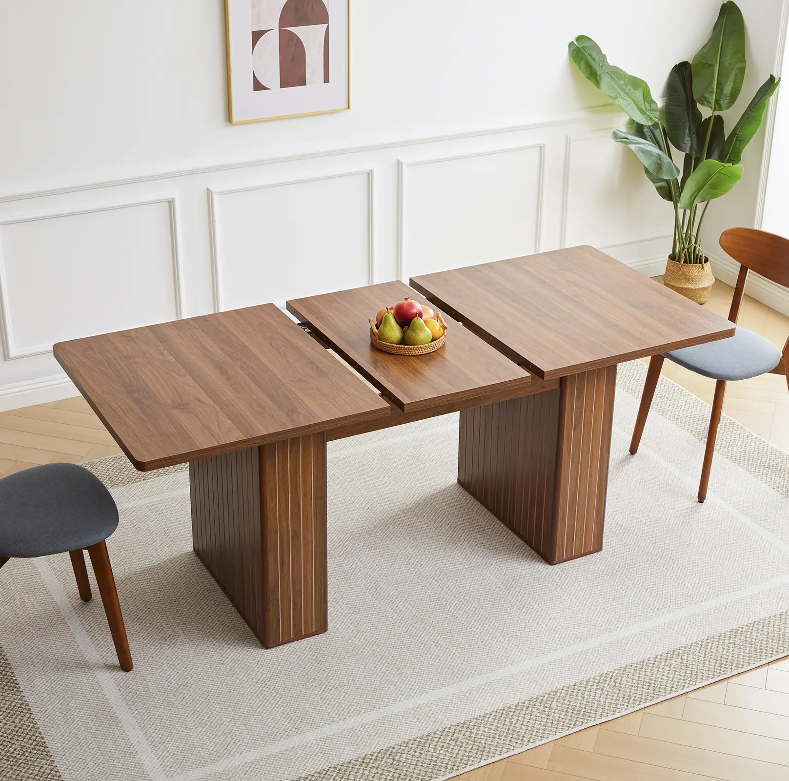 Giratree 55"-71" Extendable Rectangle Dining Table - Modern Farmhouse Wooden Kitchen Table with Pull-Out Mechanism, Carved Line Pedestal for Family Dinners, Dining Room, Home Office