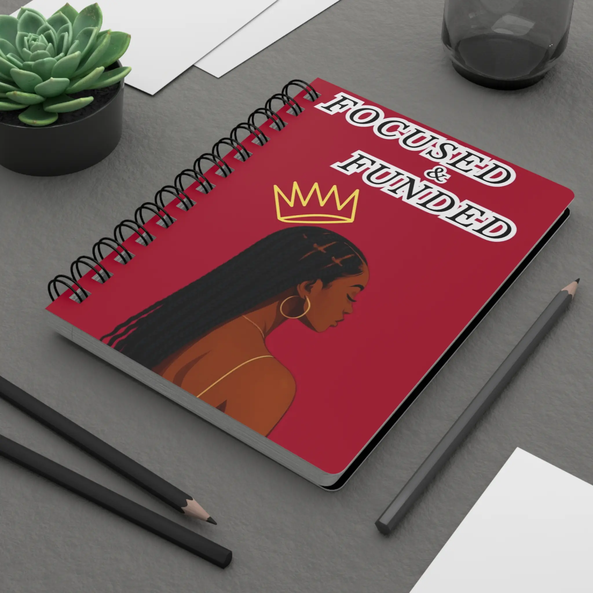Focused & Funded Spiral Journal | Black Woman Crown Illustration, Motivational Notebook