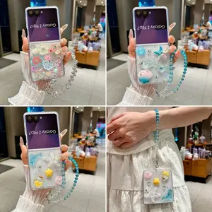 Cute 3D Starfish Whale Buttons Glitter Transparent Case with Crystal Bracelet for Samsung Galaxy Z Flip7 Flip6 ZFlip5 Back Cover