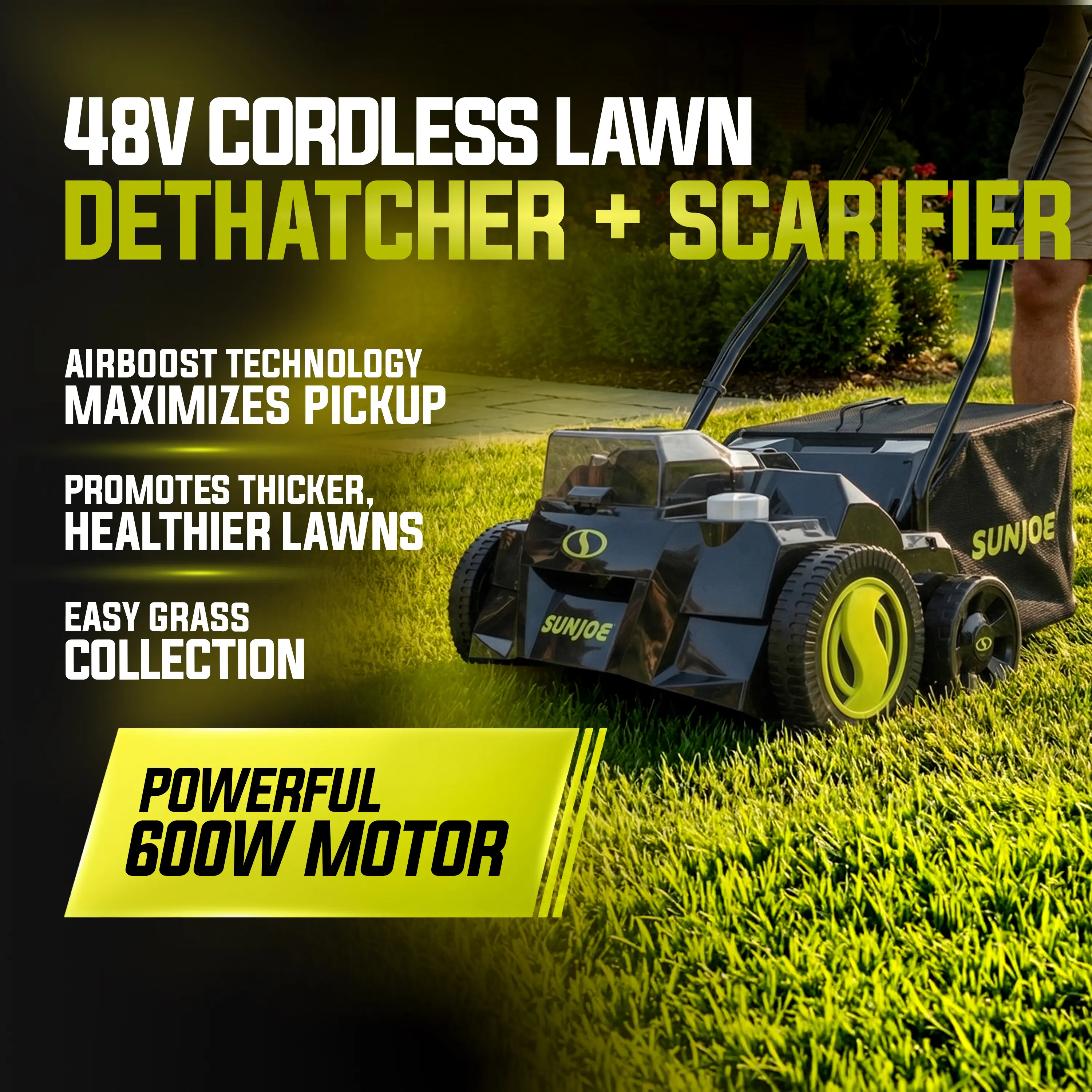 Sun Joe 48-Volt* IONMAX Cordless Scarifier + Dethatcher | 5-Depth Positions | 15-inch | Brushless Motor | W/ 2 x 4.0-Ah Batteries + Charger