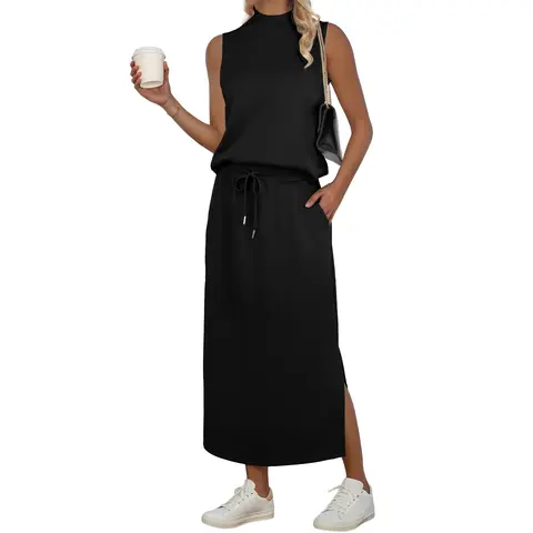 GRECERELLE Two Piece Skirt Sets for Women Sleeveless Mock Neck Top Split Maxi Skirt Vacation Travel Matching Set with Pockets