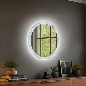 Glacy Series 36" x 36" Round LED Bathroom Mirror – Ice Textures Edge, Smart Dimming, Defogger, ETL Certified