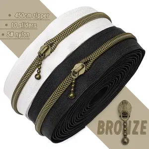 450cm Zipper Set with 10 Zipper Heads, Antique Copper Color Teeth, Nylon Options, Round Ball Zipper Heads for Bags Clothes Crafts