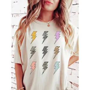 Womens Vibrant Lightning Print T-Shirt - Comfortable Crew Neck, Short Sleeve Perfect Casual Top for Spring & Summer Fabric Womenswear