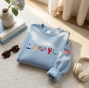 Embroidered Summer Sweatshirt, July 4th USA Shirt, Patriotic  Pullover, American Flag Gift