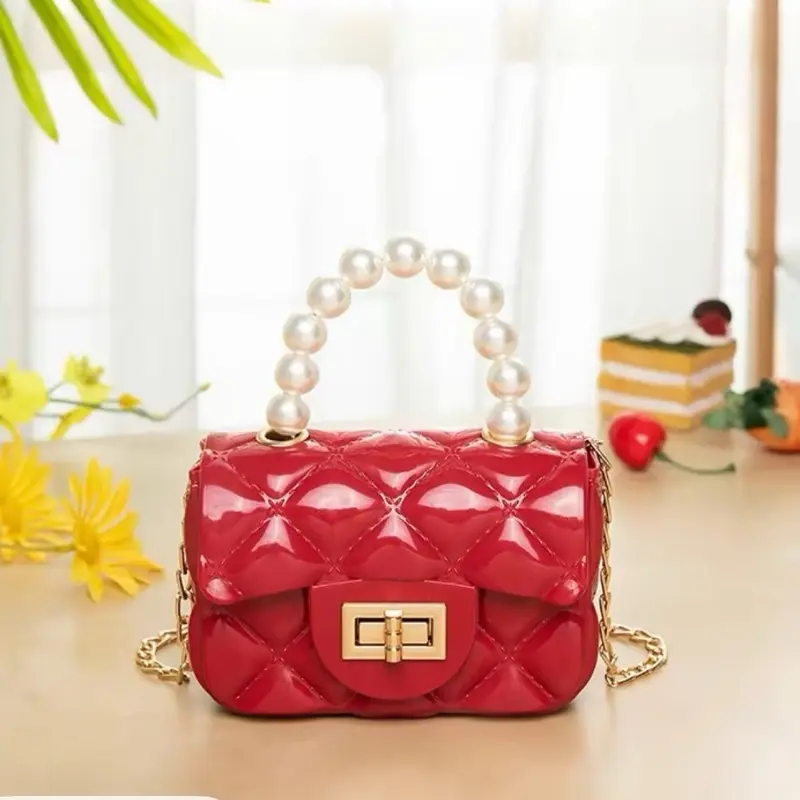 Women Girls Handbags Red Quilted Pearl Handle Crossbody Bag with Gold Chain Strap