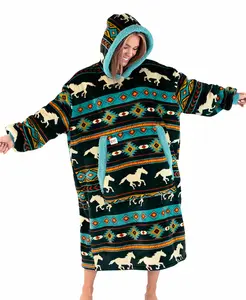 LazyOne | Horse Fair Isle Blanket Hoodie For Adults - Super Soft Coral Fleece, Double-Sided Fabric, Kangaroo Pockets