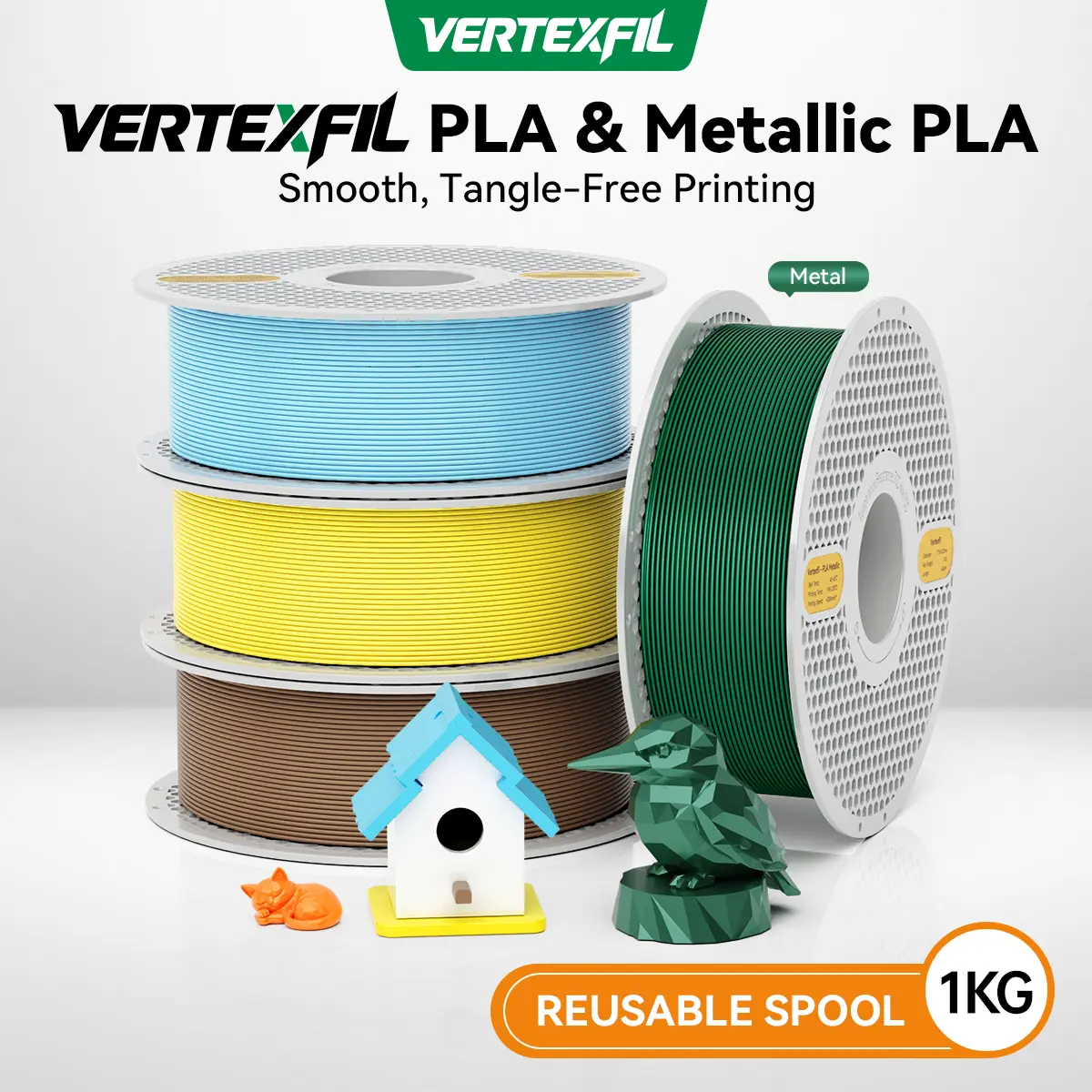 1KG VERTEXFIL PLA 3D Filament, 1.75mm 2.2lb, Reusable & Detachable Spool, Tangle-Free, High Precision ±0.02mm, Smooth Printing, Eco-Friendly PLA, Including Metallic PLA Colors, Compatible with Bambu Lab, Creality, Anycubic&Most FDM Printers