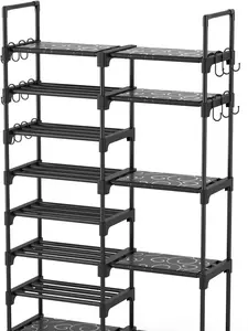 Metal 8-Tier Shoe Rack Organizer - 26-32 Pairs Tall Shoe Boot Storage Shelf with 15 Hooks, Stackable Large Shoe Stand