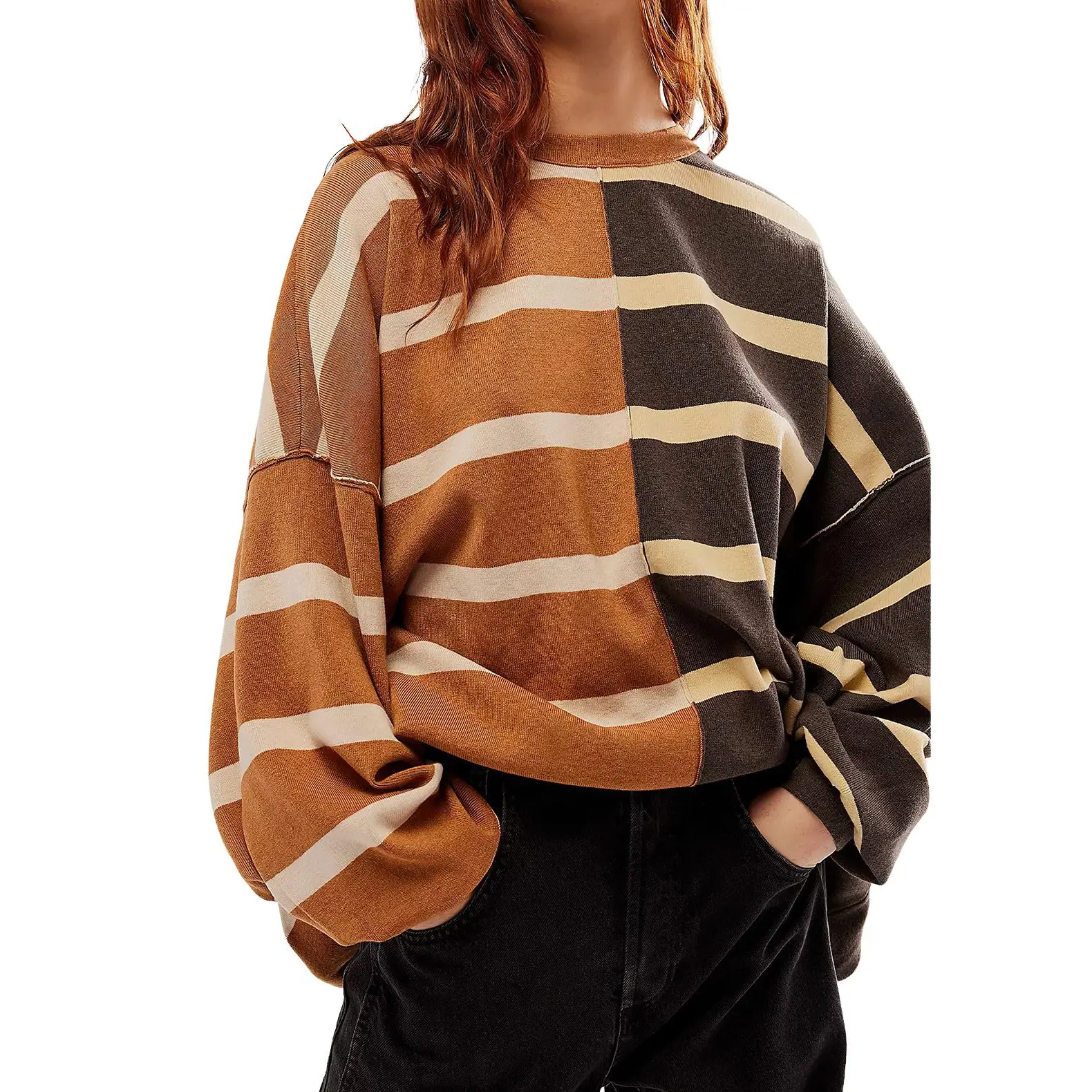 Chouyatou Women's Batwing Long-Sleeve Oversized Knit Sweater - Skinny Color-Block Striped, Retro Round Neck, Casual Loose Fabric Pullover with Stylish Design, Style, Knitwear, Bottom, Chic, Fit, Lightweight