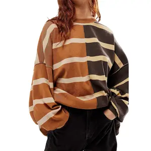 Chouyatou Women's Casual Loose Color Block Striped Knit Sweater Retro Round Neck Long Sleeve Pullover Sweater