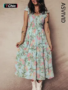 Women's Casual Elegant Smocked Bodice Ruffled Sleeveless Tiered Sleeveless Maxi Dress, Floral Print, All Seasons Fashion