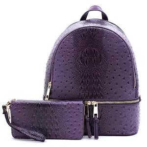OSTRICH AND CROC 2-IN-1 FASHION BACKPACK W/MATCHING WALLET SET~PURPLE