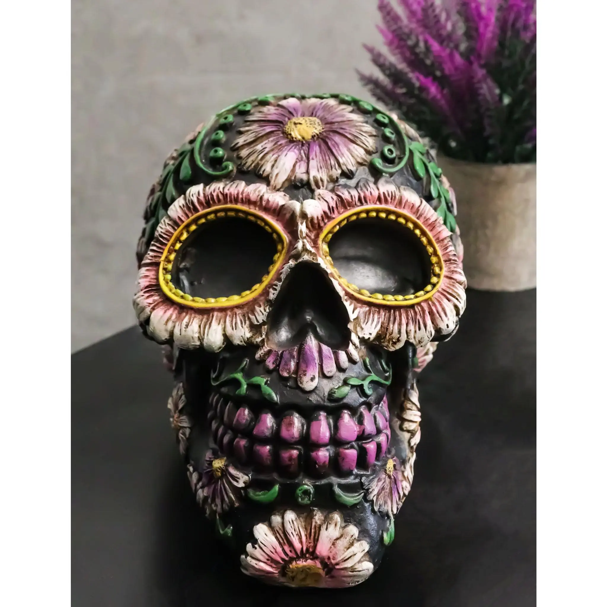 Multicolor Day of The Dead Black, Purple, Fuchsia Floral Blooms Sugar Skull Figurine, 7.5in Collectible Home Decoration for Shelf