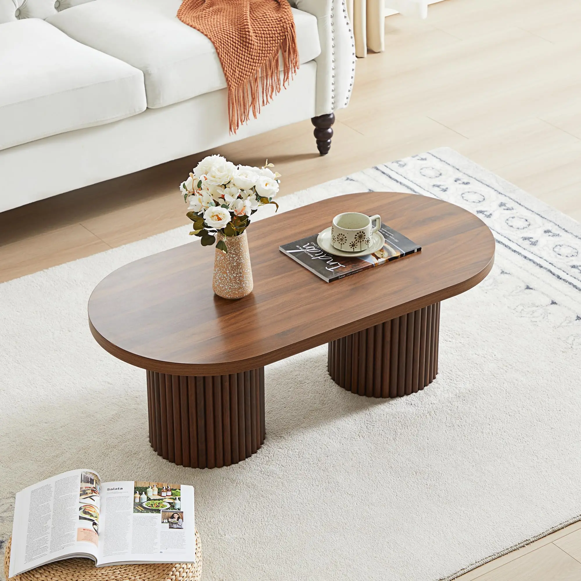 Giratree 39.38" Fluted Oval Coffee Table for Living Room, Boho Modern Coffee Table with Fluted Legs, Curved Round Wood Center Table for Home, Small Sp