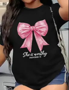 Plus Size Christian Graphic Tee - He Is Worthy Proverbs 31 Bow Design T-Shirt for Women - Soft & Inspirational Fit Dress Top Piece Jeans Denim Casual Pink Fabric Curvy Skirt Womenswear Breathable Comfortable Streetwear Tshirt Style Love Day