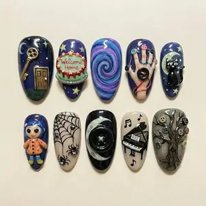 Coraline Press On Nails | 3D Sculpted Movie Nail Set | Button Eyes & Secret Key Design