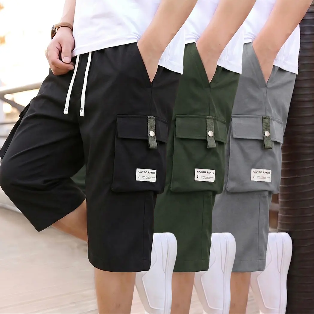 Men's Knee Length Cargo Capri Shorts Drawstring Waist Button Flap Pocket Outdoor Utility Bottoms