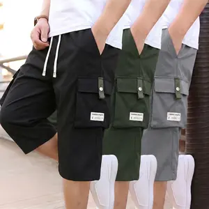 Men's Knee Length Cargo Capri Shorts Drawstring Waist Button Flap Pocket Outdoor Utility Bottoms