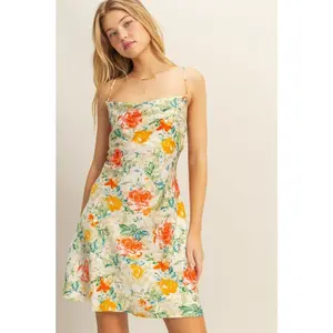 HYFVE Floral Cowl Neck Flirty Satin Mini Dress