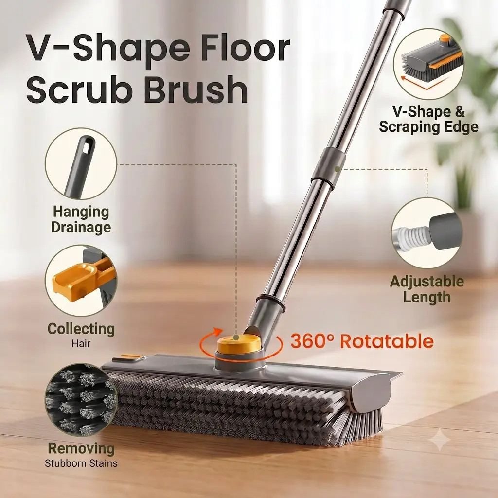 V-Shape Floor Scrub Brush,  3-in-1 Double-sided Brush, Bathroom Brush,Scrape and Scrub for Shower, Bathroon, Floor, Kitchen, Garage, Wall, Home Cleaning, Long Handle Cleaning Brush scrubber brush bathtub brush