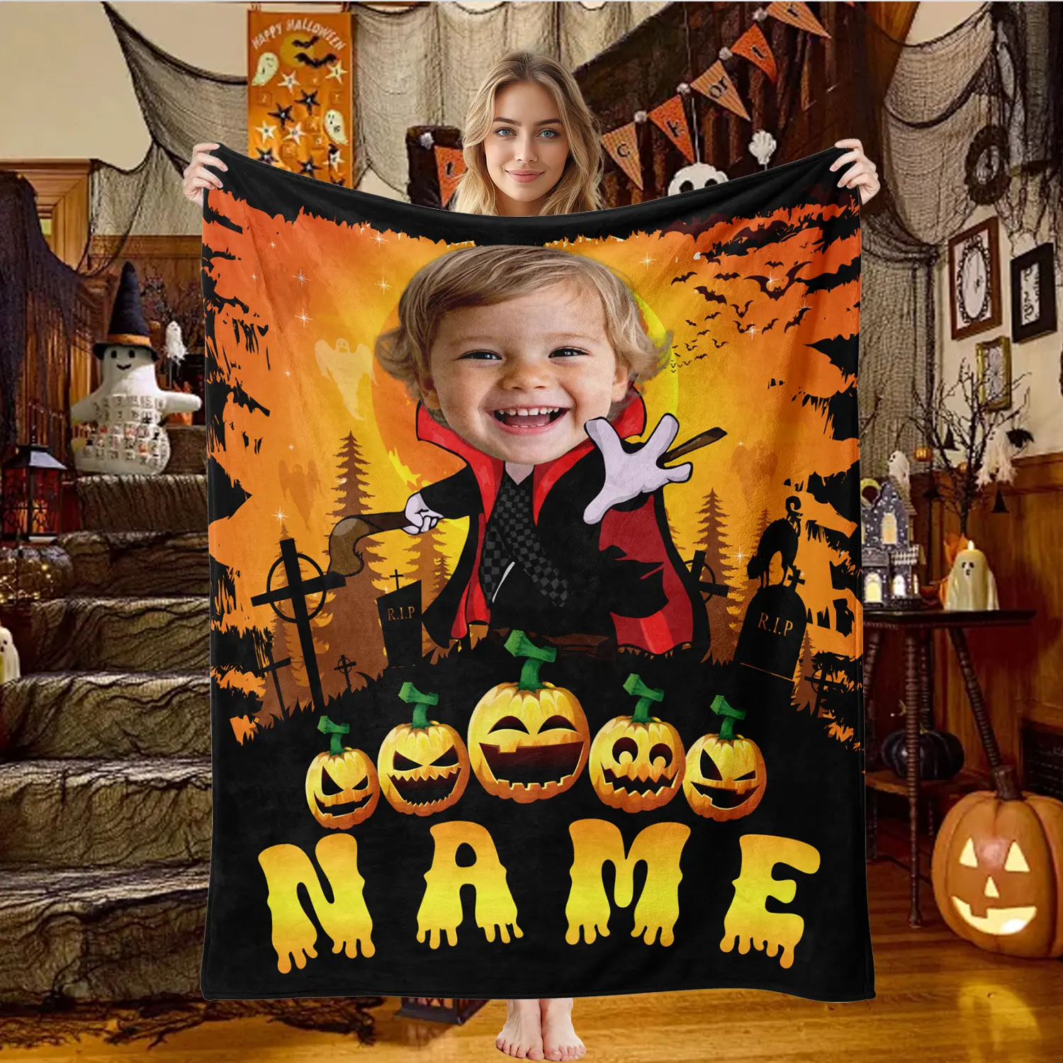 Personalized Halloween Skeleton Flannel Fleece Blanket - Customizable Print, 30x40 Inch, Breathable, Durable, Machine Wash, with Name & Photo, for Couch/Sofa/Bed Decor, Gift for Children