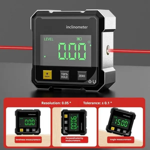 This laser level, equipped with a magnetic digital protractor, is a rechargeable angle measurement tool suitable for use in carpentry, construction, and mechanical engineering. It features dual laser alignment and 360-degree magnetic mounting.